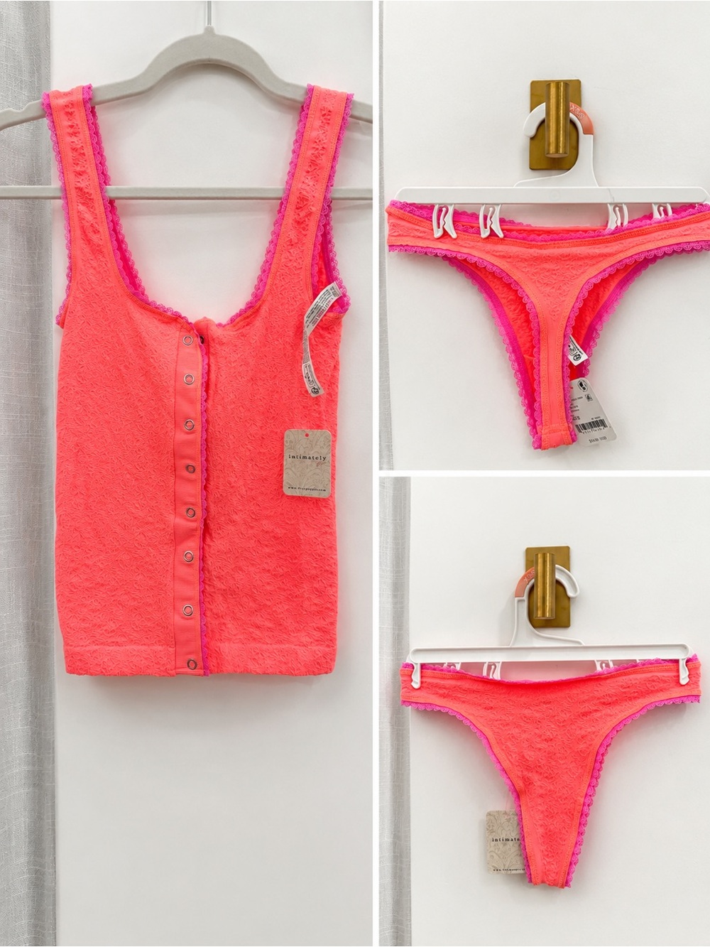 Free People Intimately Neon Coral Lace Snap Front Tank & Thong Set NWT XS/S